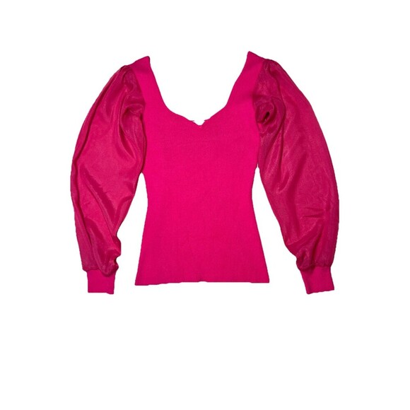 Adelyn Rae Britt Sheer Puff Sleeve Ribbed Knit Top In Party Pink Women's Small - Picture 4 of 8